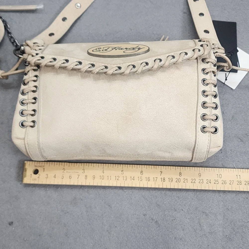 Ed Hardy Shoulder Bag Tan Faux Suede Lace Up Studded Y2K Women OS EHH392R1B NWT